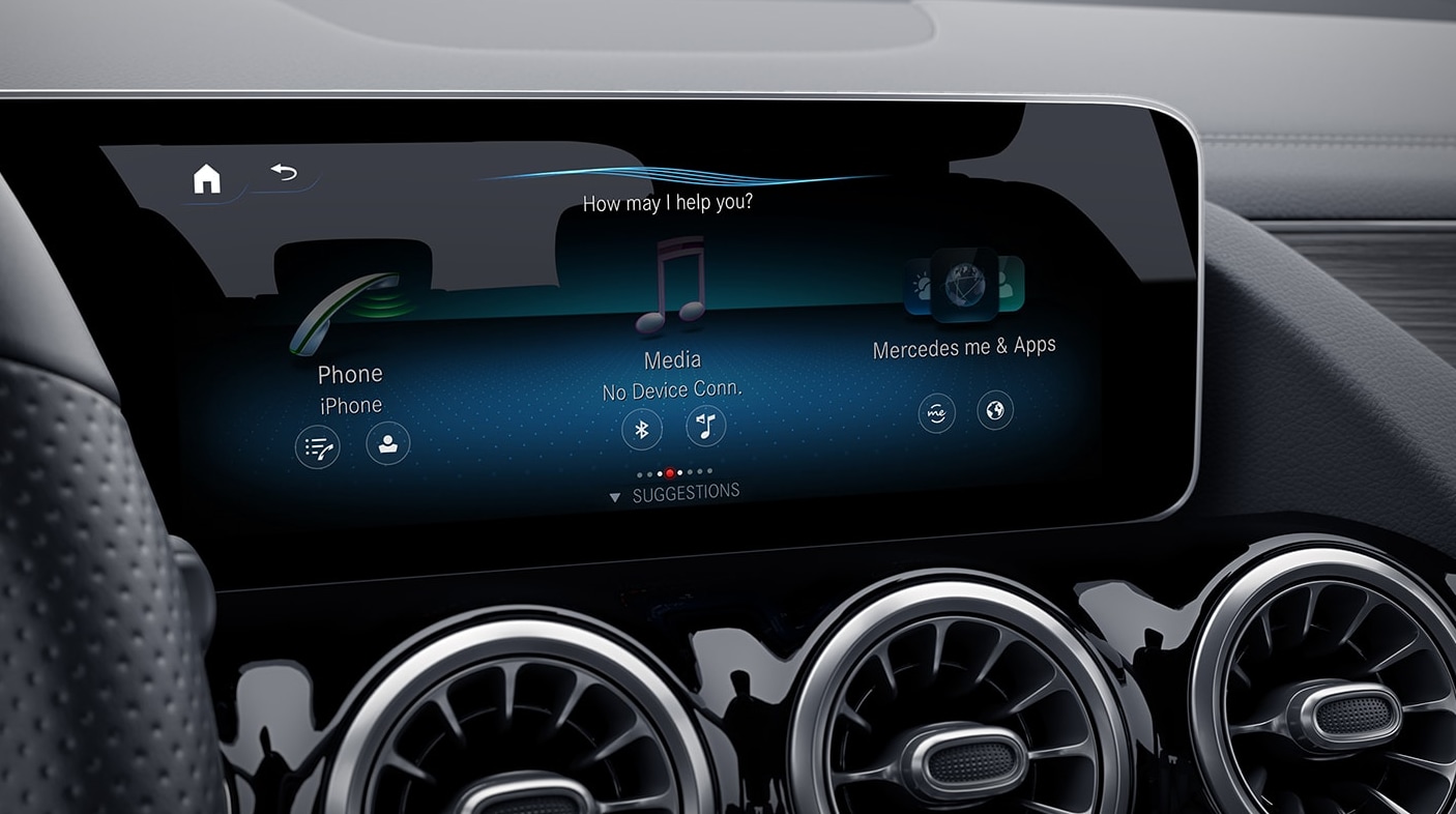 A-close-up-of-the-infotainment-screen-on-the-dash-of-a-2023-Mercedes-Benz-GLA-4MATIC.-
