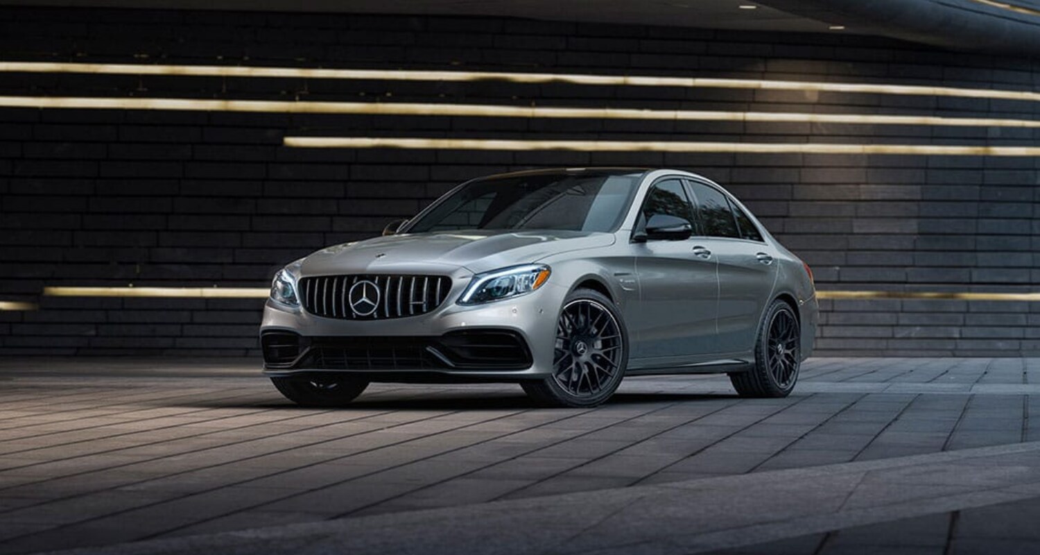 New 2021 Mercedes-AMG C-Class sedan in silver exterior color with black painted rims