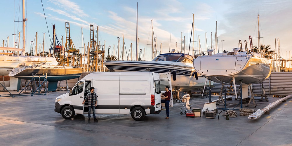 Mercedes-Benz Sprinter Van at the dock loading up gear
