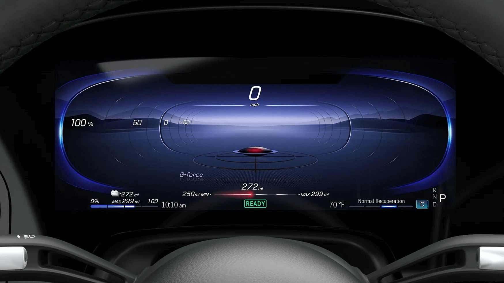 Learn about the performance features of the 2025 Mercedes-Benz EQS Sedan Interior shot of the digital gague cluster behind the steering wheel showing the available driving range