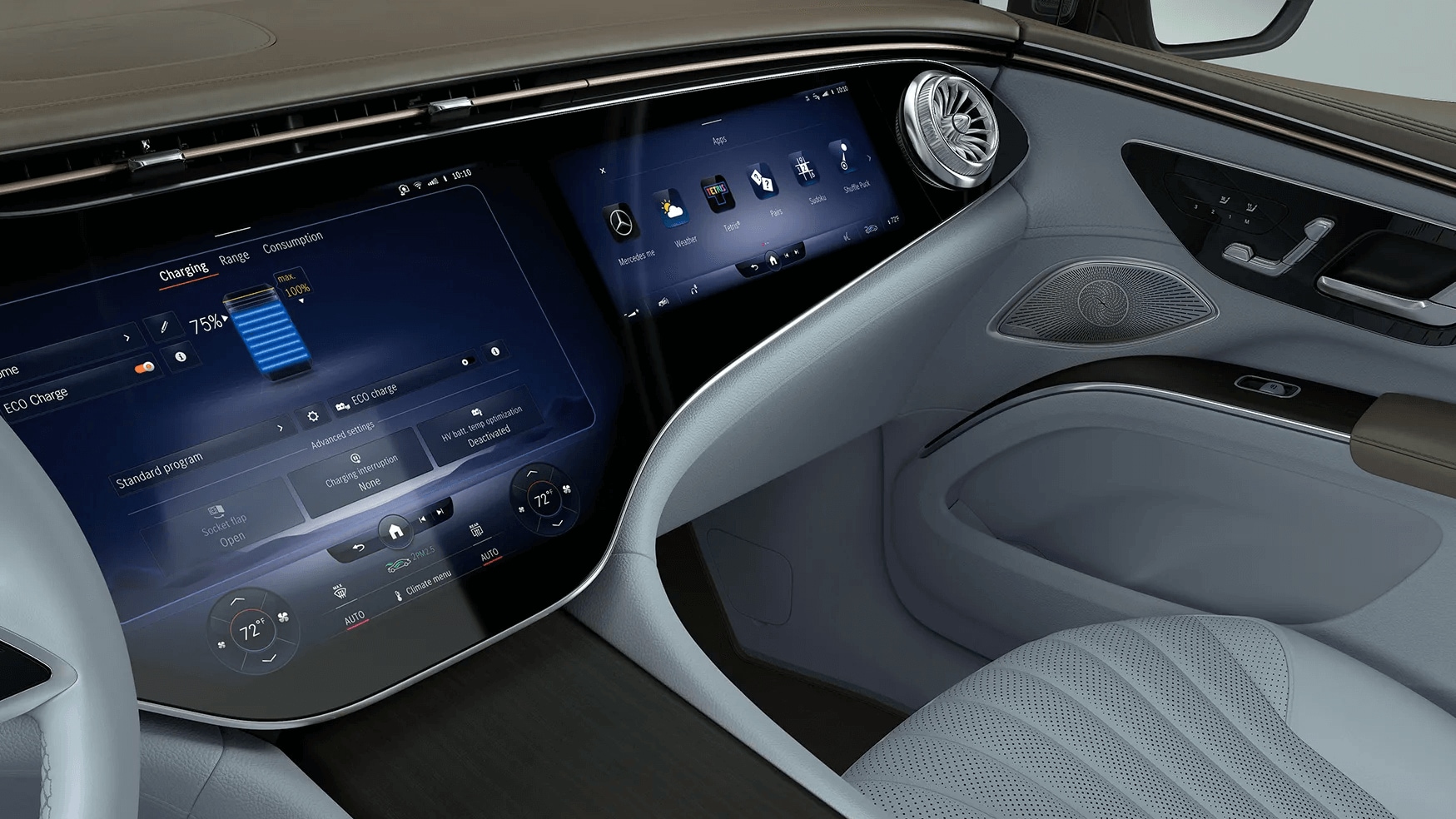 Learn about the performance features of the 2025 Mercedes-Benz EQS SUV Interior shot of the Mercedes-Benz EQS SUV showing the vehicle's charging status