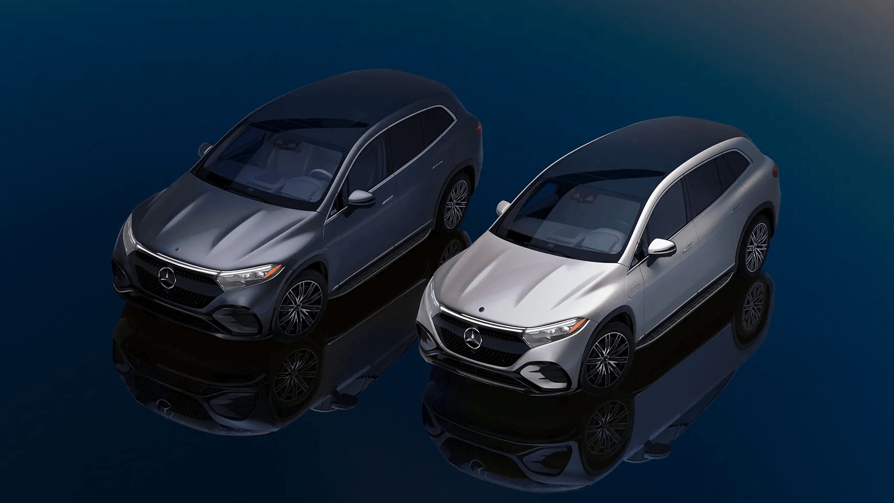 Rendered image of two Mercedes-Benz EQS SUVs parked side by side