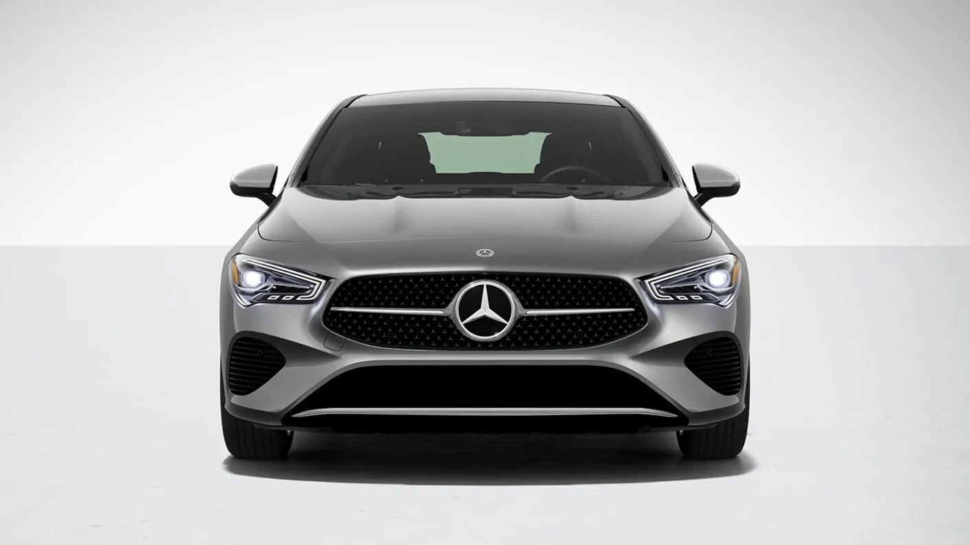 Shop 2024 Mercedes-Benz CLA 250 Coupe at Mercedes-Benz of Houston Greenway Exterior render of a Mountain Grey Mercedes-Benz CLA 250 Coupe parked in an indoor showroom