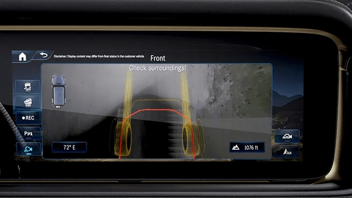 Learn about the off-road capabilities of the Mercedes-Benz G-Class SUV Rendered image of the Mercedes-Benz G-Class SUV infotainment touchscreen showing underneath the SUV via the Transparent Hood feature