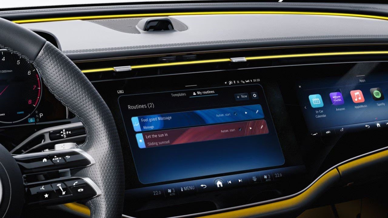 Rendered image of Mercedes-Benz dashboard showing MBUX routine profiles of massage and sunroof settings