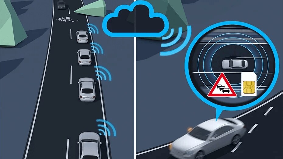 Learn about the Mercedes-Benz S-Class safety feature Car-to-X Communication Graphic showing the Mercedes-Benz Car-to-X Communication system