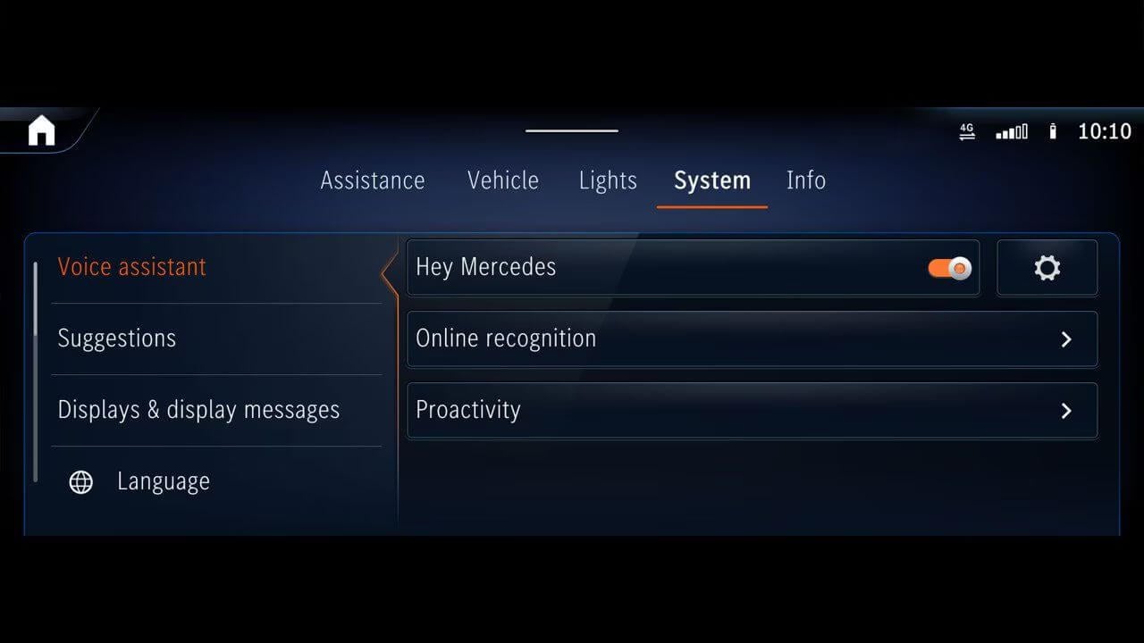 Screenshot of MBUX interface with voice assistant settings