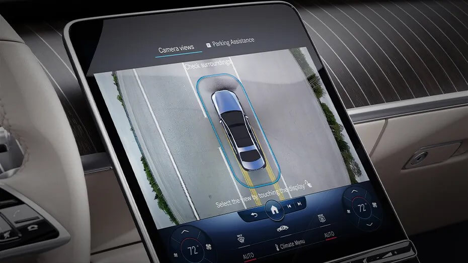 Rendered image of a Mercedes-Benz S-Class showing Surround View System in the touchscreen