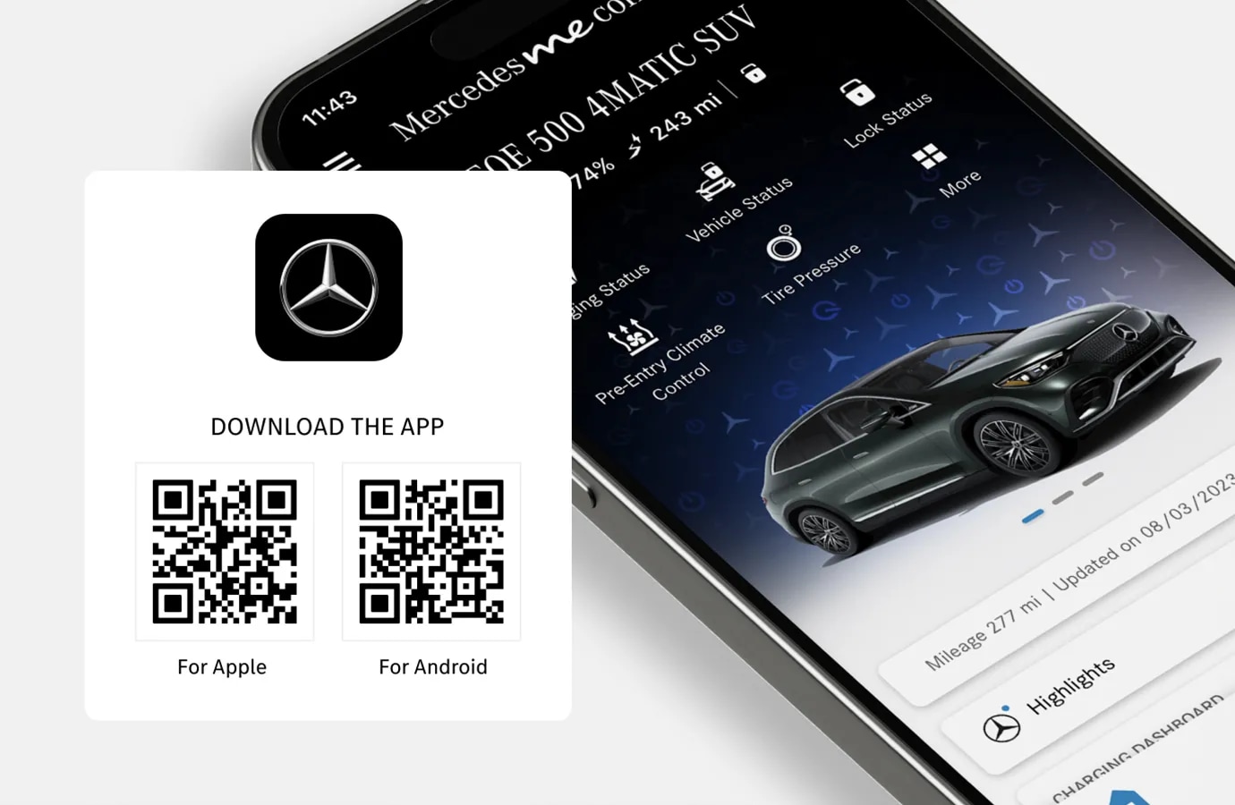 An image showing a smartphone using MB connect me, along with QR links to download
