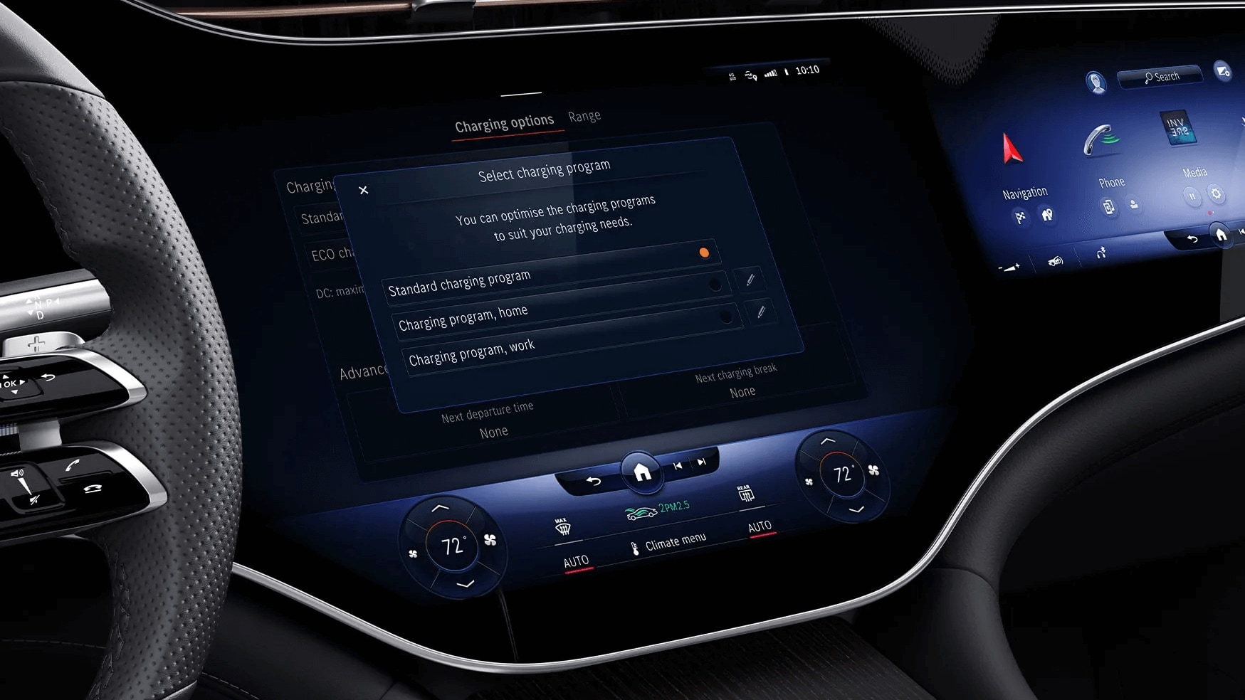 Learn about the technology features of the 2025 Mercedes-Benz EQS Sedan Interior shot of the centeral touchscreen showing the charging options