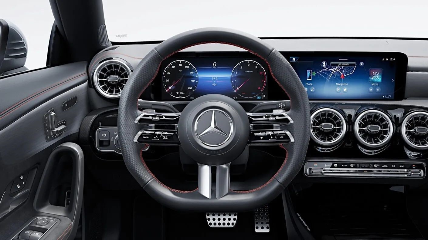 Learn more about the 2024 Mercedes-Benz CLA 250 Coupe, including specs, techs, and what's new Interior of CLA 250 Coupe, touch screen dashboard