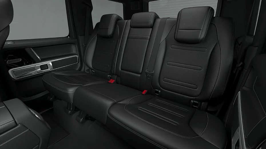 Learn about the seating and cargo capacity of the Mercedes-Benz GLA SUV Rendered image of the second row seats of the Mercedes-Benz G-Class SUV