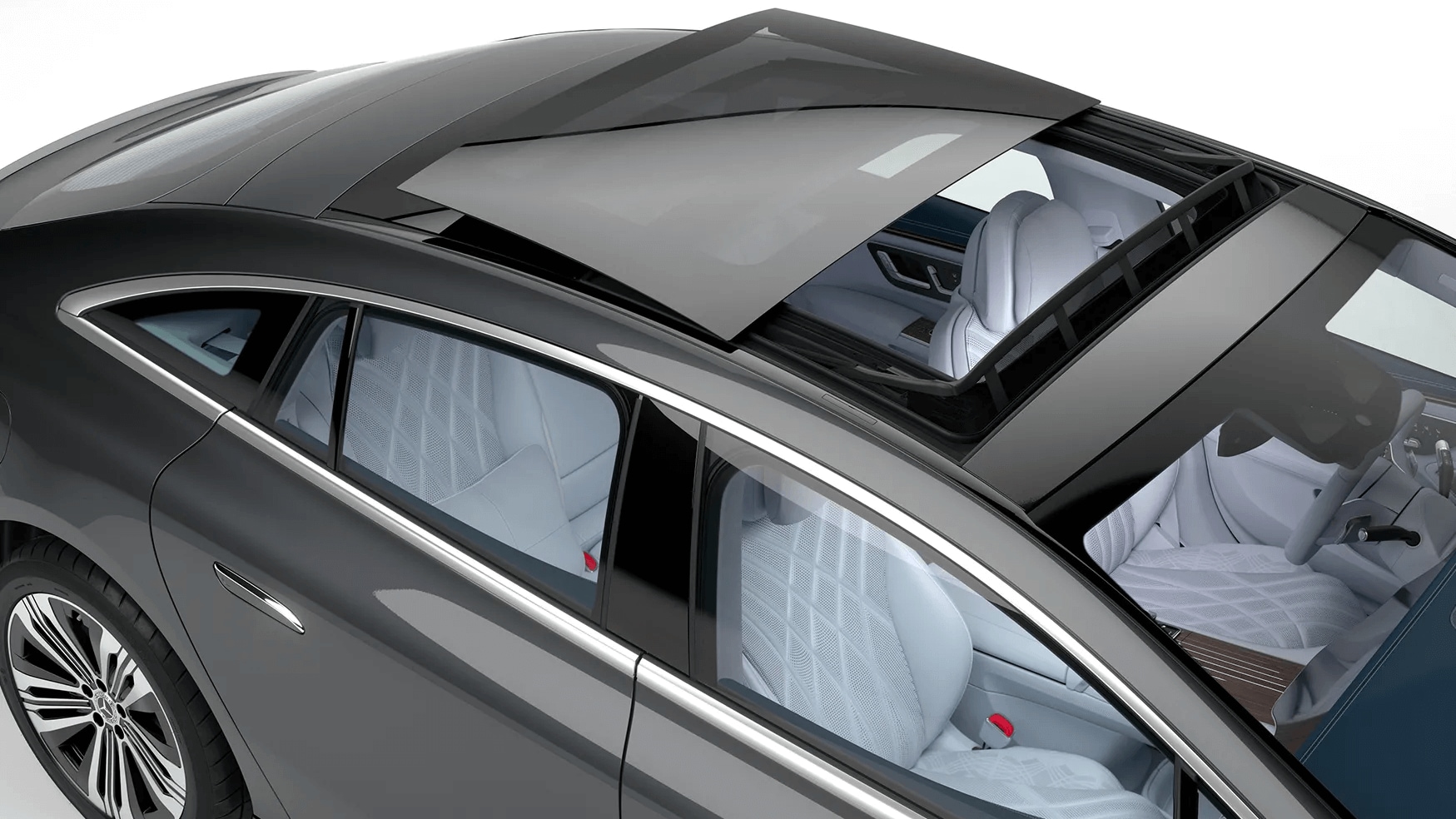 Learn about the exterior design features of the 2025 Mercedes-Benz EQS Sedan Overhead shot showing the sunroof opening to show the interior
