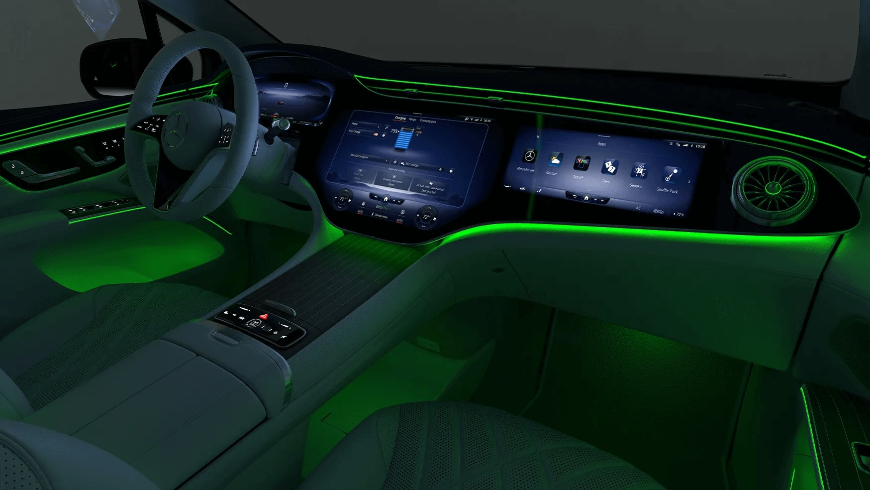 Learn about the technology features of the 2025 Mercedes-Benz EQS SUV Interior shot of Mercedes-Benz EQS SUV showing the touchscreen dashboard