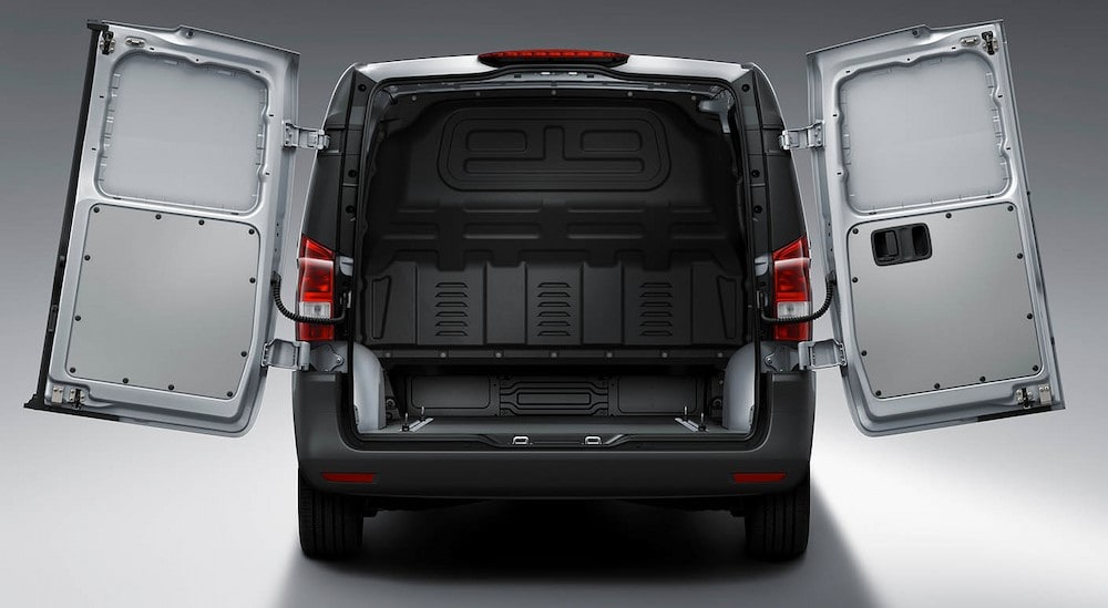 The rear cargo area in a white 2024 Mercedes-Benz Metris is shown.