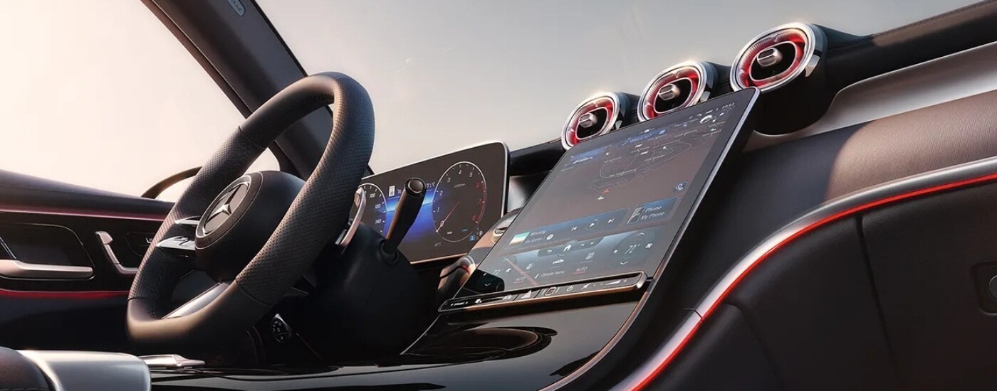 The black and red interior of a 2024 Mercedes-Benz GLC is shown from a low angle.