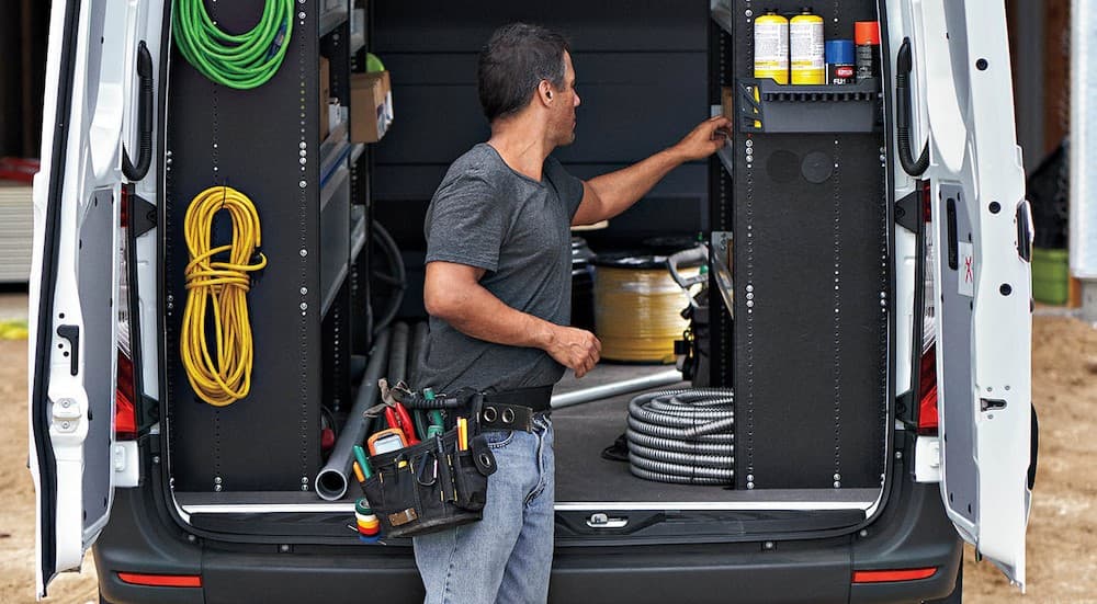 The rear cargo area in a 2024 Mercedes-Benz Sprinter 4500 is shown.