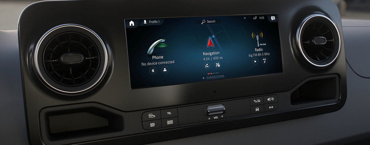 Close-up of the infotainment screen in a 2024 Mercedes-Benz Sprinter 2500 for sale near West Chester.