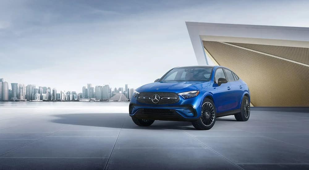 A blue 2024 Mercedes-Benz is parked on a rooftop after leaving a Mercedes-Benz dealer near West Chester.