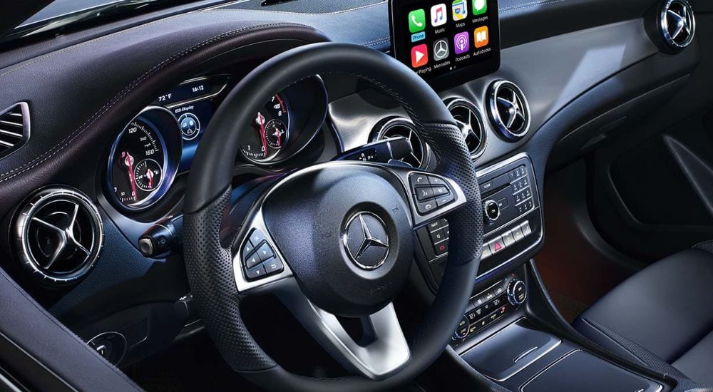 A close up shows the black interior in a 2019 Mercedes-Benz CLA.