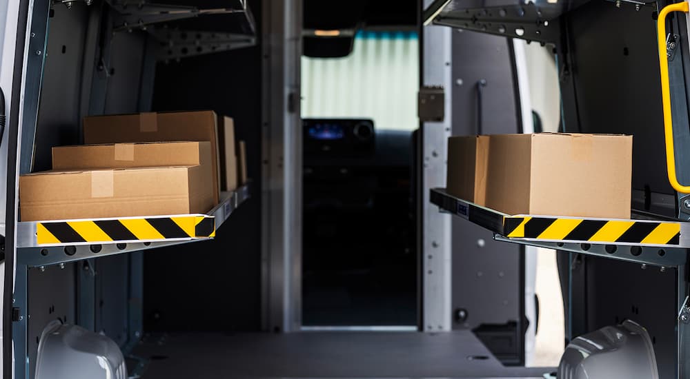 A close up of the shelving upfit in a 2024 Mercedes-Benz Sprinter Passenger Van.