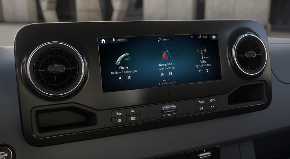 A close up of the infotainment screen of a 2024 Mercedes-Benz Crew Van.