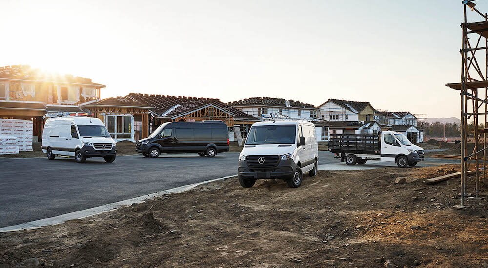 Four different variants of the 2024 Mercedes-Benz Sprinter 2500 for sale are shown on a jobsite.