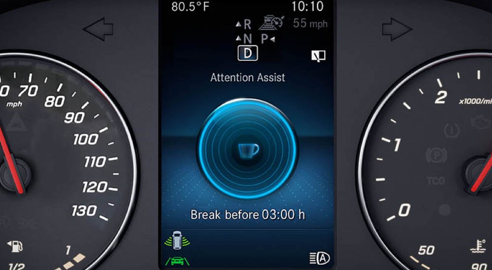 The Attention Assist screen displayed on the digital instrument cluster of a 2024 Mercedes-Benz Sprinter 2500 for sale.
