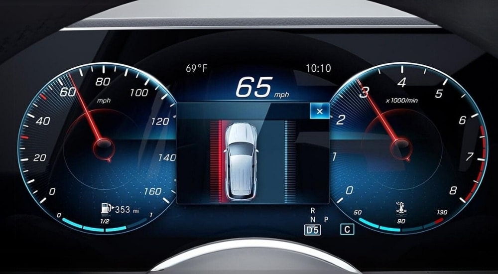 Close-up on the gauges in the interior of a 2020 Mercedes-Benz GLE.