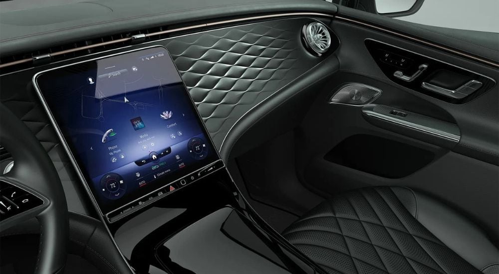 A close up shows the infotainment screen in a 2023 Mercedes-Benz EQE.