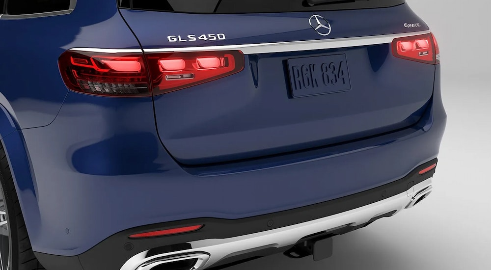 A close-up on the trunk of a blue 2024 Mercedes-Benz GLS 450.