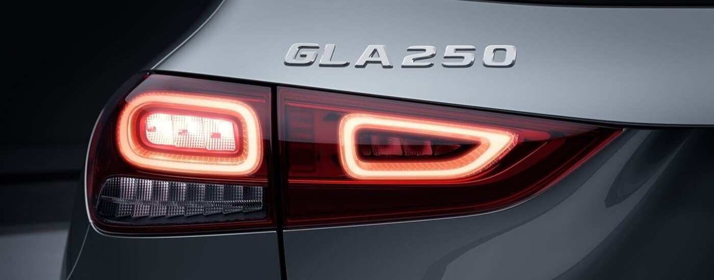A close-up on the taillight of a silver 2023 Mercedes-Benz GLA 250.