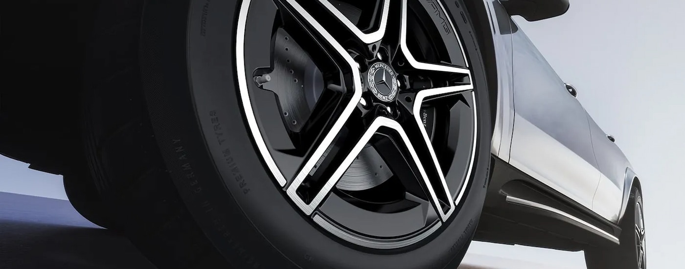 Close-up of the wheel on a silver 2025 Mercedes-Benz GLE for sale.