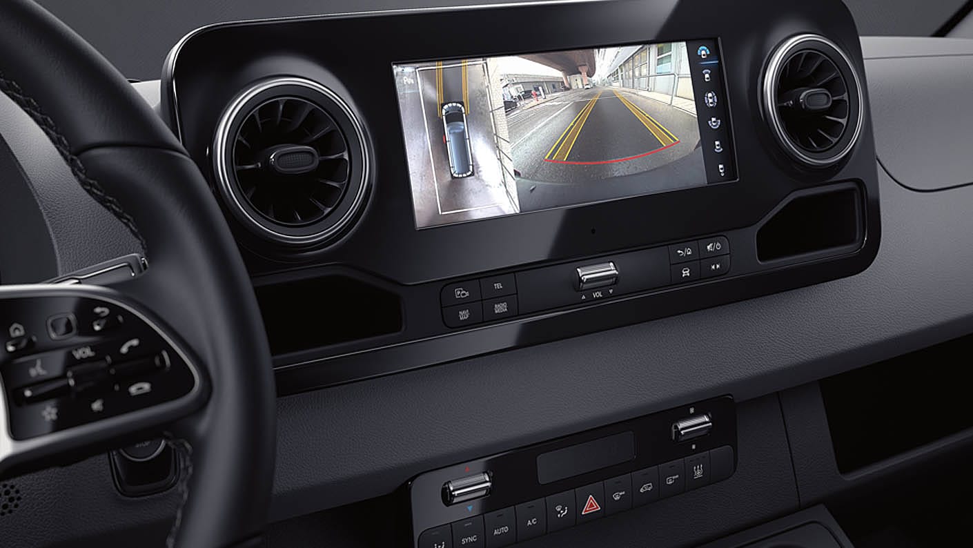 A close up of the infotainment screen in a 2024 Mercedes-Benz Sprinter 2500.