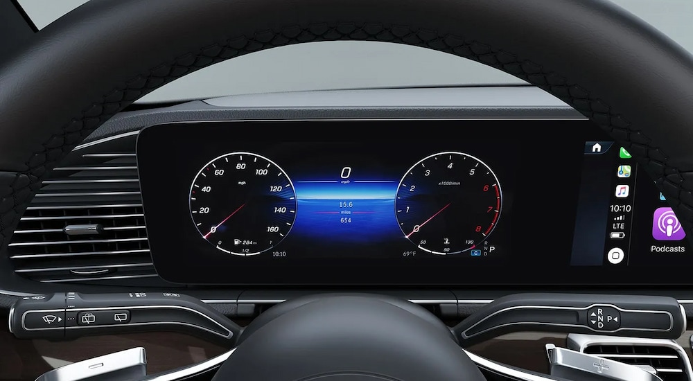 The digital instrument cluster in a 2025 Mercedes-Benz GLS 450 at a Mercedes dealer.
