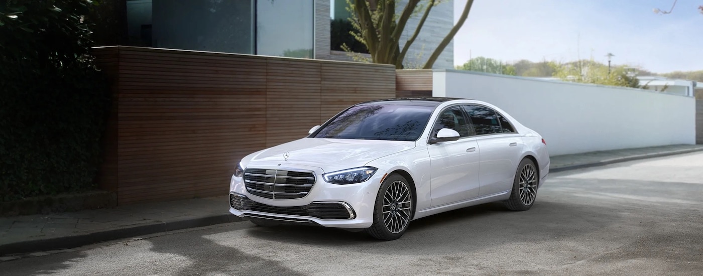 A white 2024 Mercedes-Benz S-Class is shown from the front at an angle after leaving a Mercedes-Benz dealer near Yreka.
