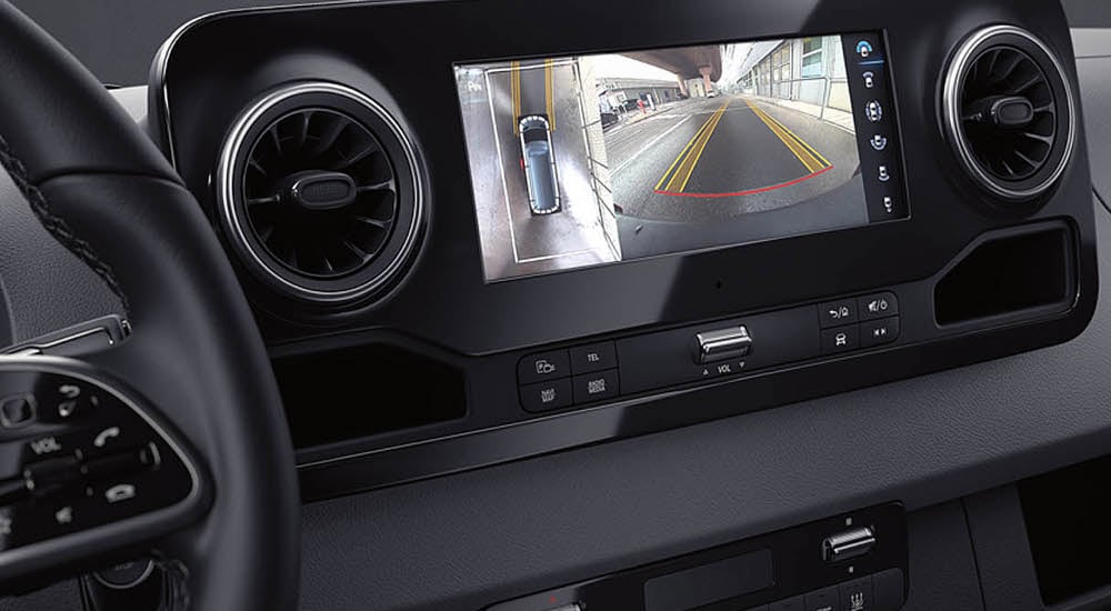 Close-up of the backup camera in a 2024 Mercedes-Benz Sprinter Cargo Van.