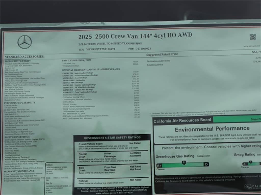 New 2025 Mercedes-Benz Sprinter 2500 LOW TOP Crew 144 WB Van Crew Van