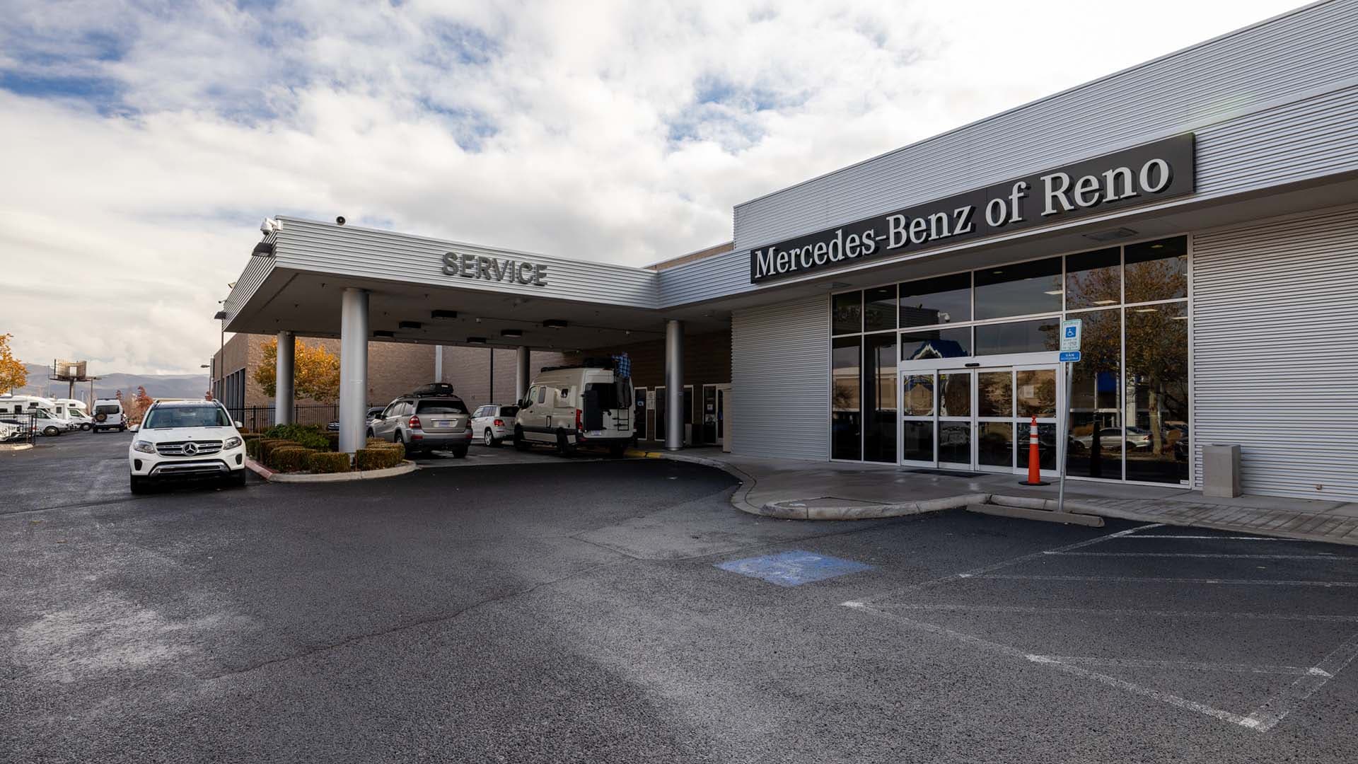 Exterior view of service center entrance at Mercedes-Benz of Reno
