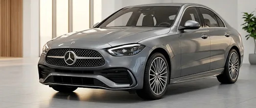 Silver Mercedes-Benz sedan in a showroom
