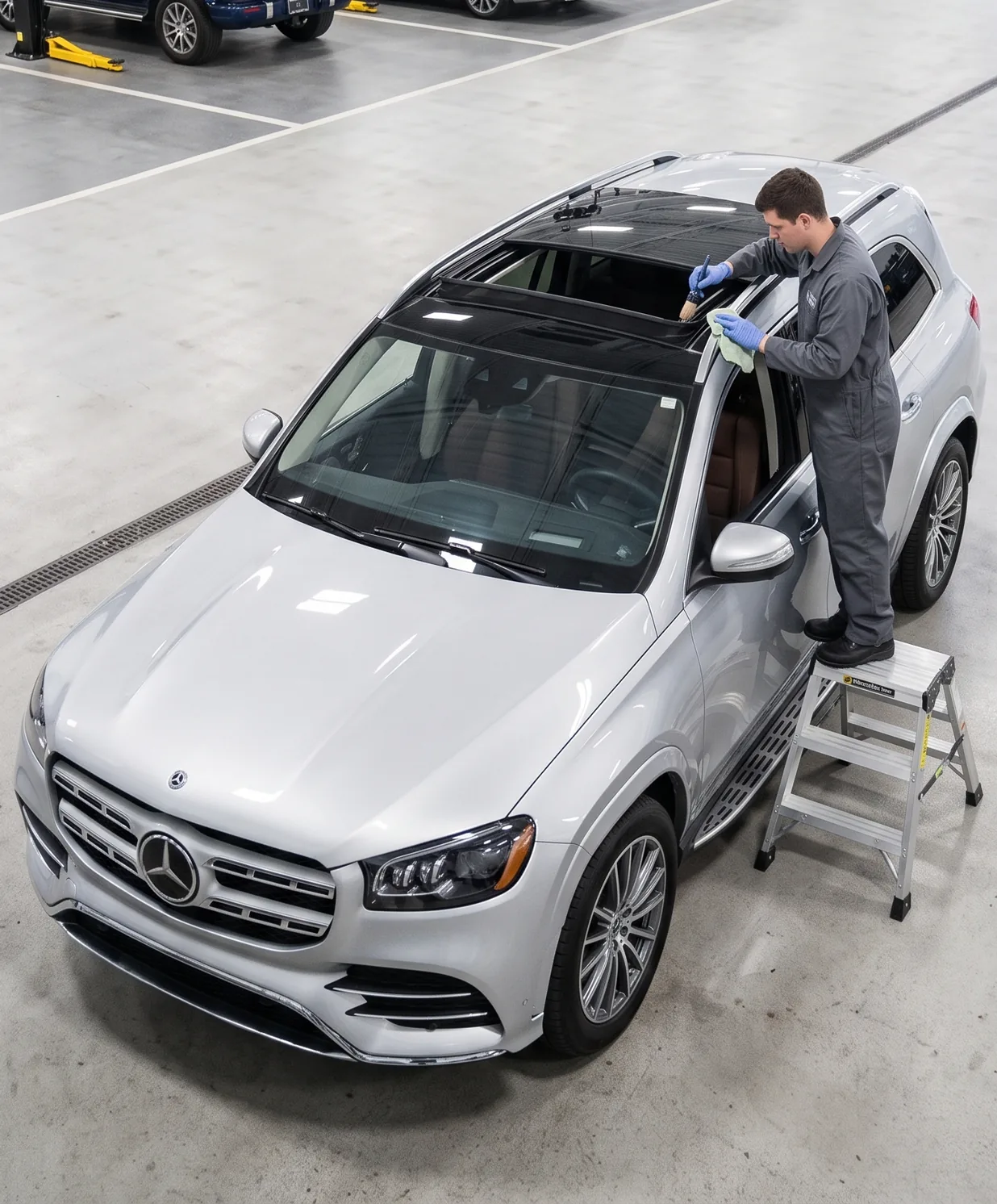Technician on a step ladder servicing the open panoramic sunroof of a silver Mercedes-Benz SUV, seen from above