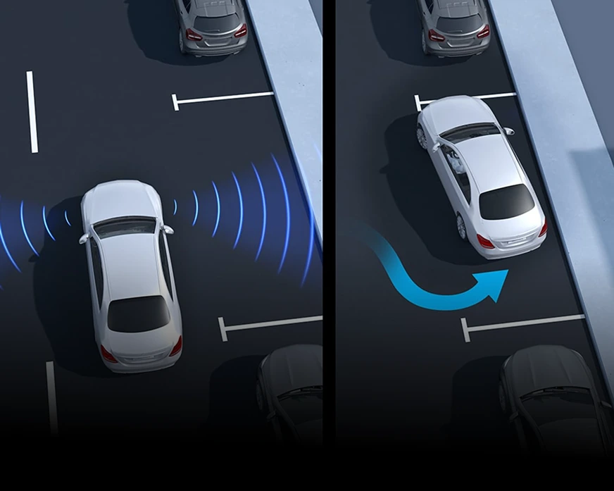 Overhead illustration of a white C-Class sensing a parking space and steering itself into it along a blue arrow