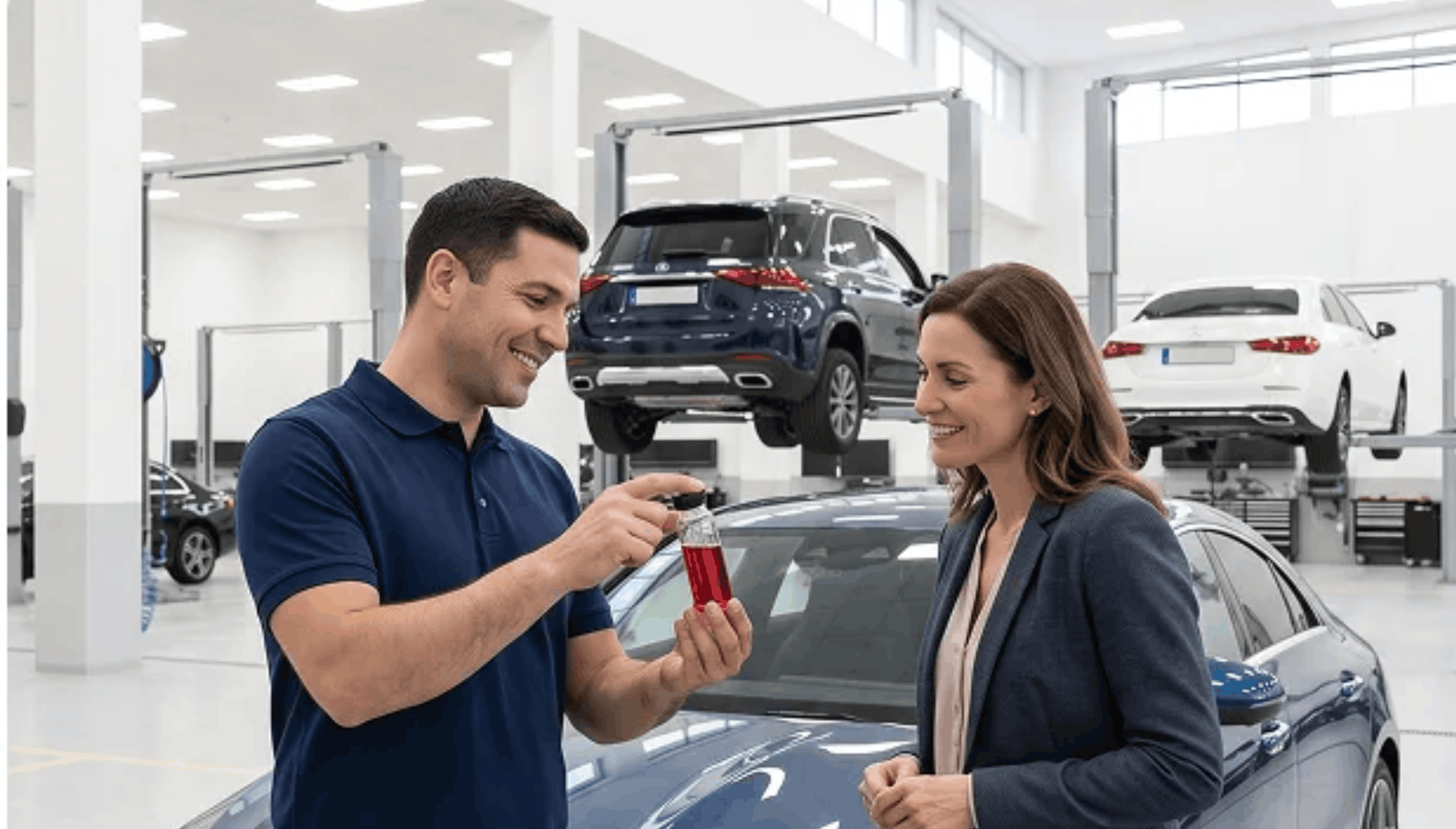 Service Technician Explaining Transmission Fluid Condition to a Mercedes-Benz Owner