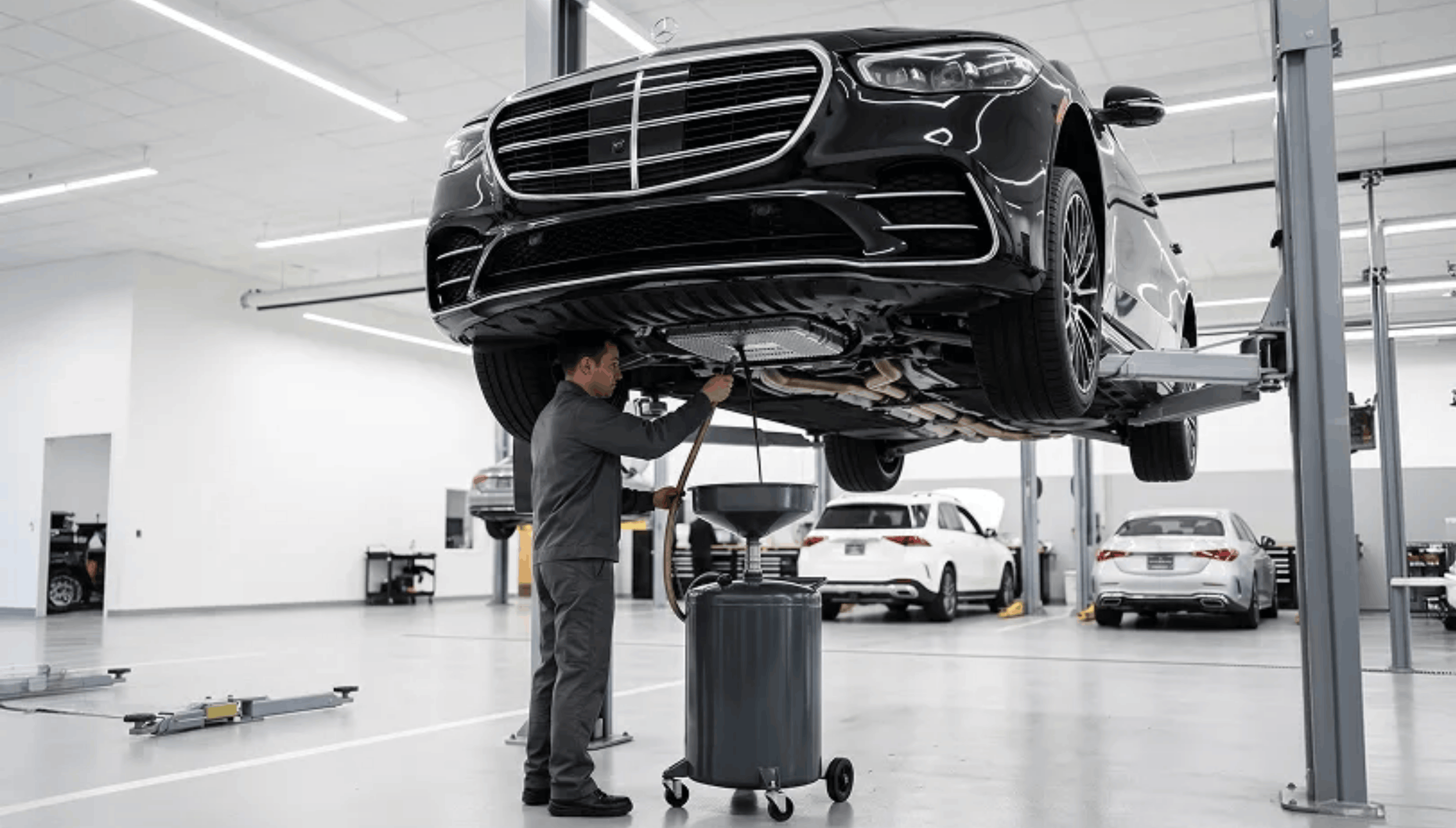 Mercedes-Benz Technician Draining Fluid from a Lifted Sedan in the Service Bay