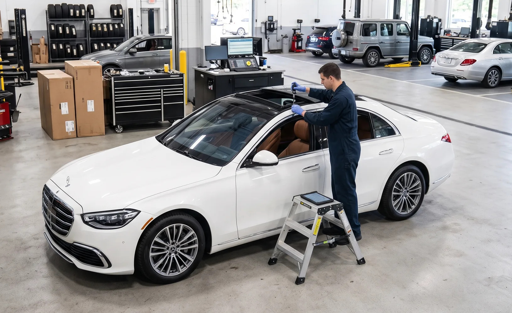 Technician on a step ladder inspecting the sunroof of a white Mercedes-Benz sedan in a workshop with tool chests and parts shelves