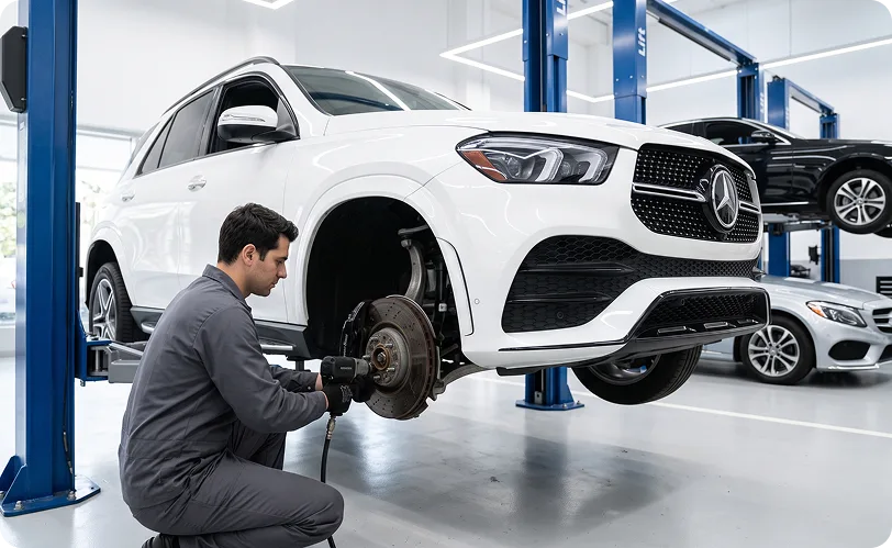 Technician using an impact wrench on the front brake hub of a white Mercedes-Benz GLE raised on a blue two-post lift