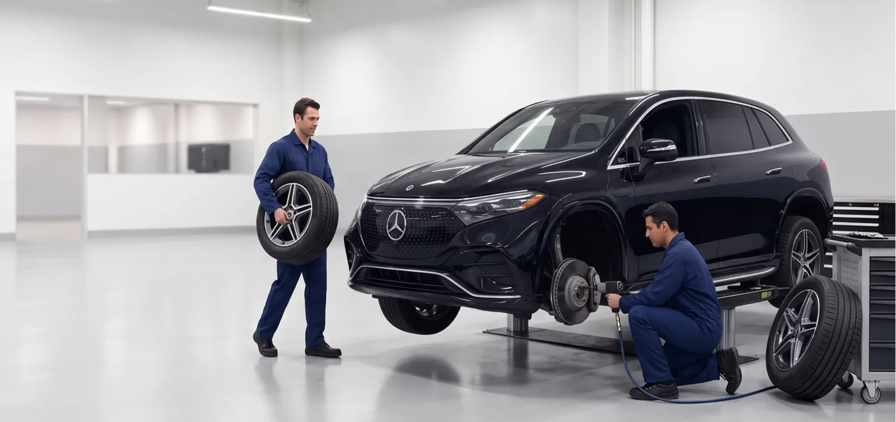 Mercedes-Benz Technicians Performing a Tire Rotation in the Service Bay