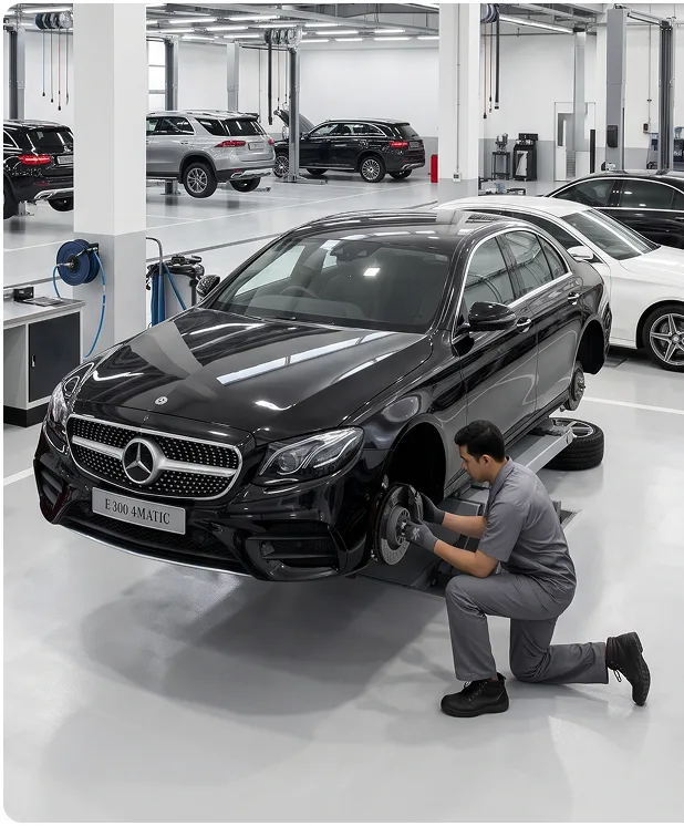 Technician kneeling beside a black Mercedes-Benz E 300 4MATIC on a service-bay lift, working on the front brake assembly with the wheel removed