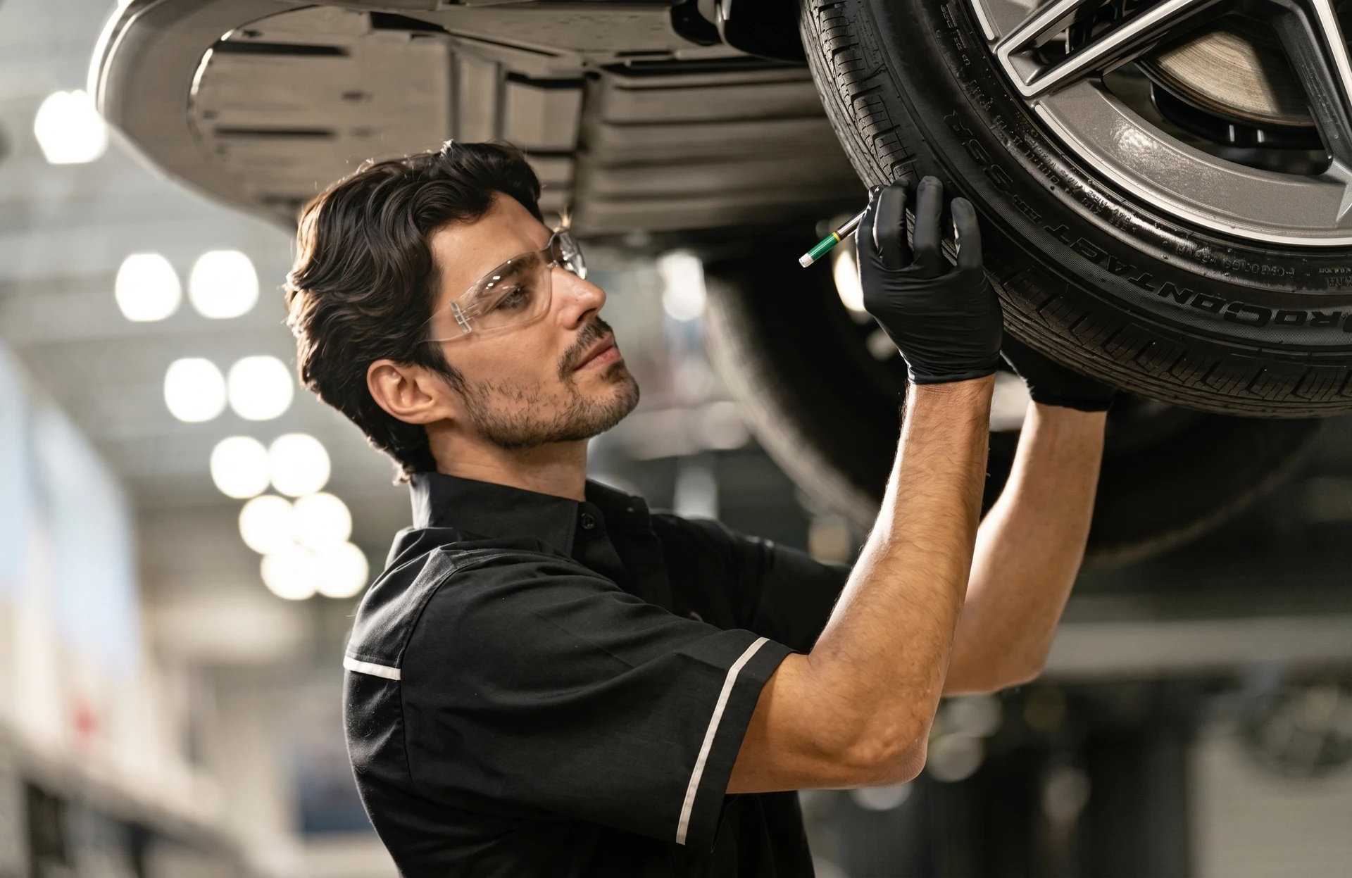 A Mercedes-Benz technician in a black service shirt holding the brake caliper clear of a drilled disc on a car raised in the workshop
