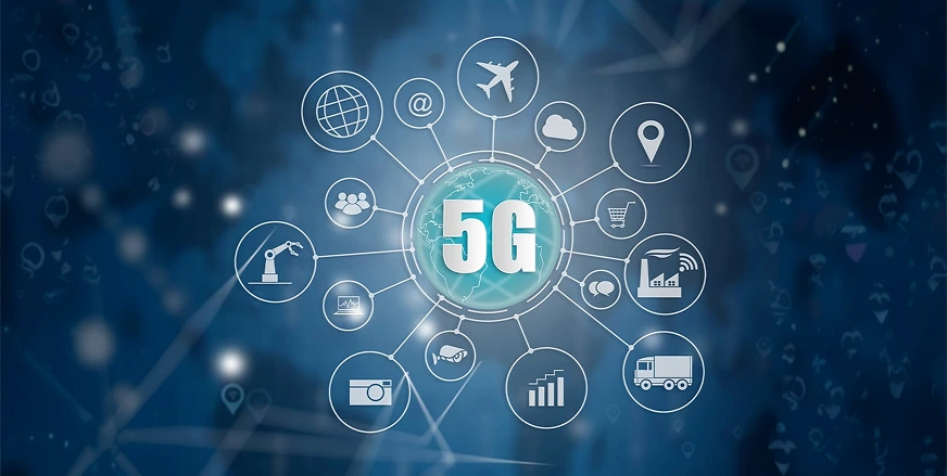 Glowing 5G emblem at the centre of a network of connected service icons on a blue background
